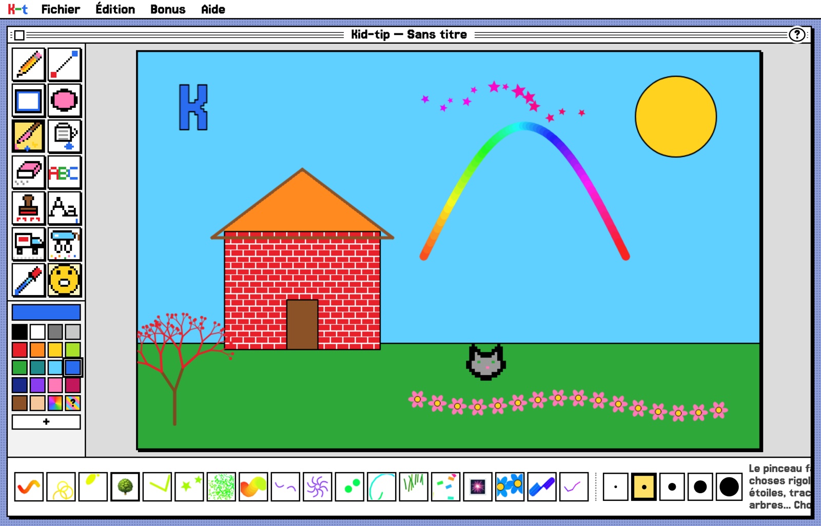 Kid-tip : un dessin d'enfant avec une maison en briques, un arc-en-ciel, un soleil, un arbre et des fleurs