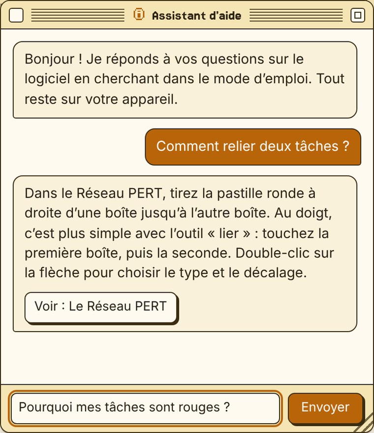 L'assistant d'aide répond à « Comment relier deux tâches ? » avec un bouton vers le mode d'emploi